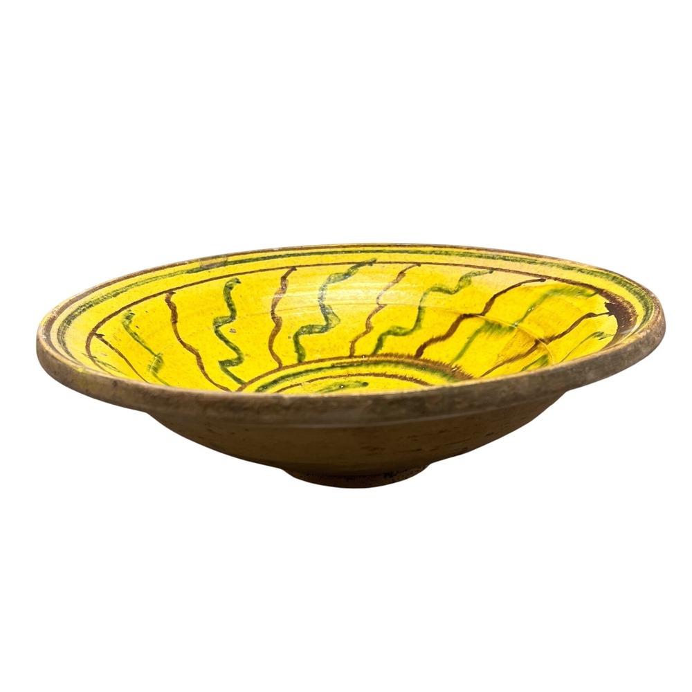 Slipware Earthenware Antique hand-painted yellow bowl‎ brown and green design